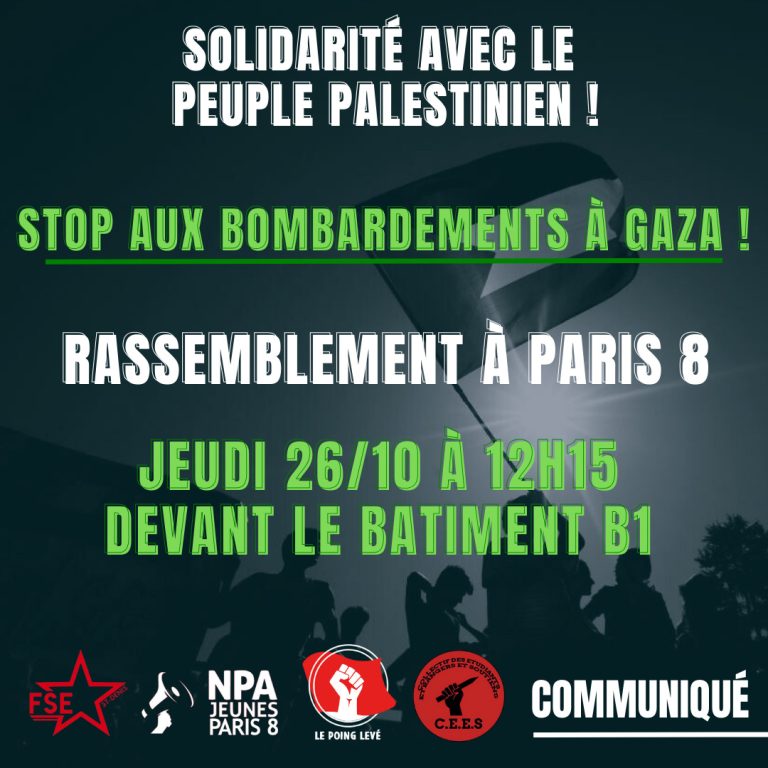 Rassemblement de solidarité avec le peuple palestinien jeudi 26 octobre à Paris 8